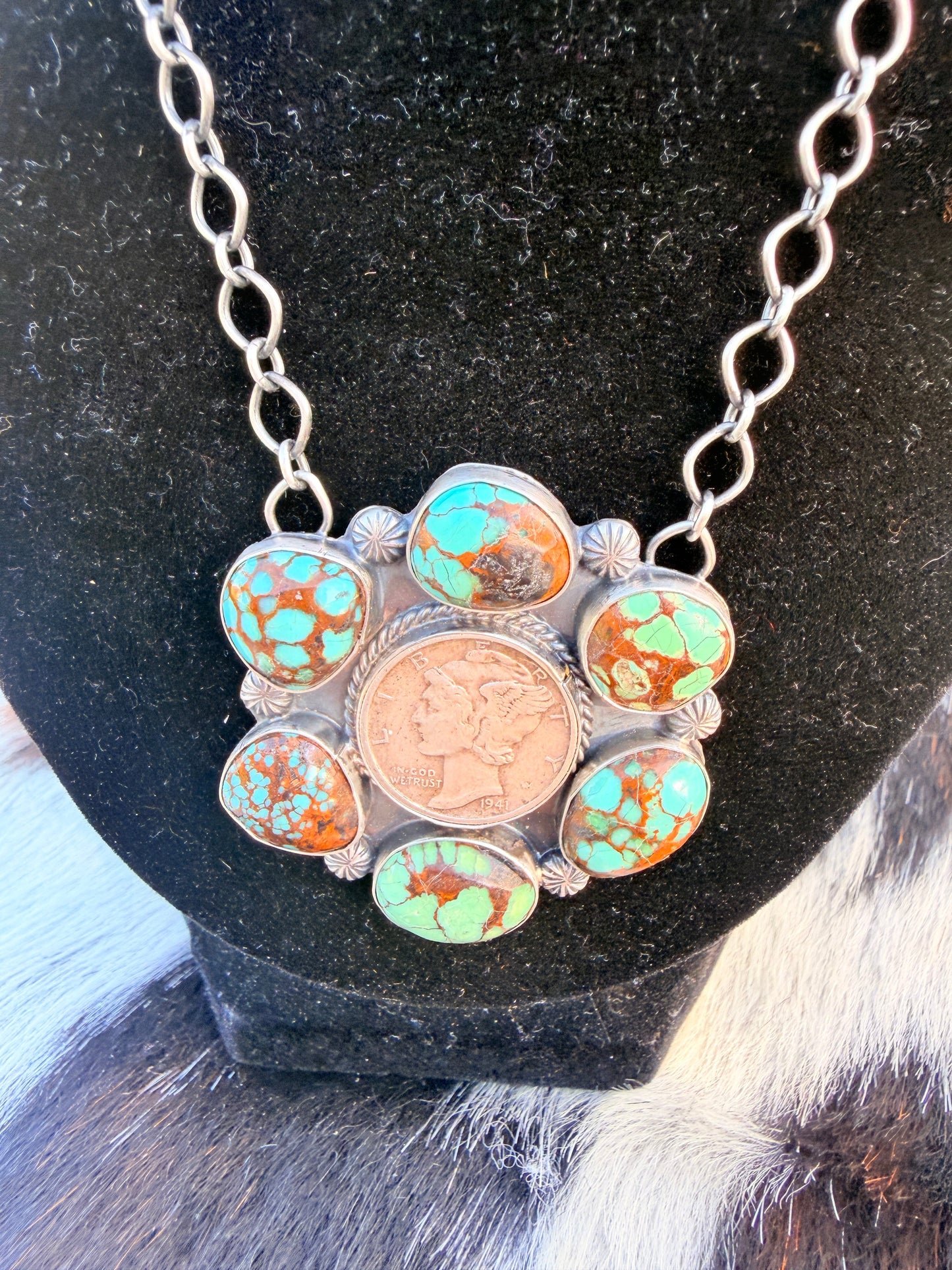 Handcrafted Number 8 Turquoise & Sterling Silver Liberty Dime Necklace by Sheila Tso