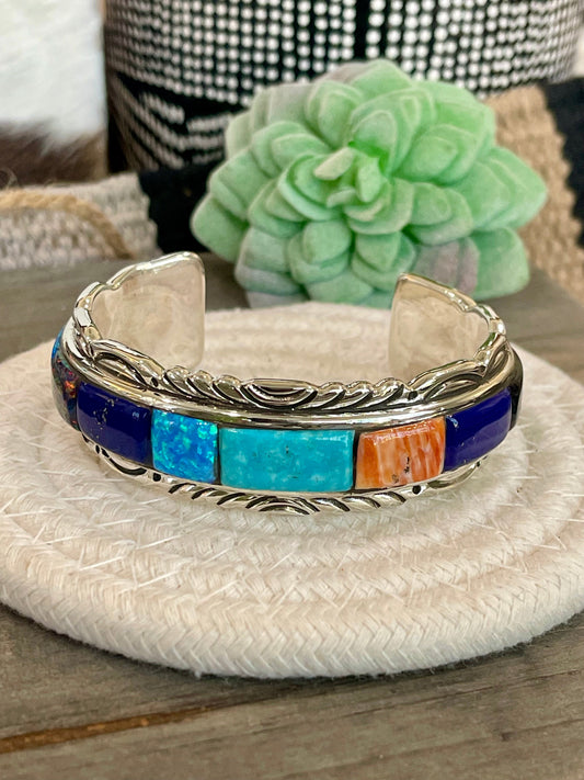 Handmade Sterling Silver Multi Stone Inlay Cuff