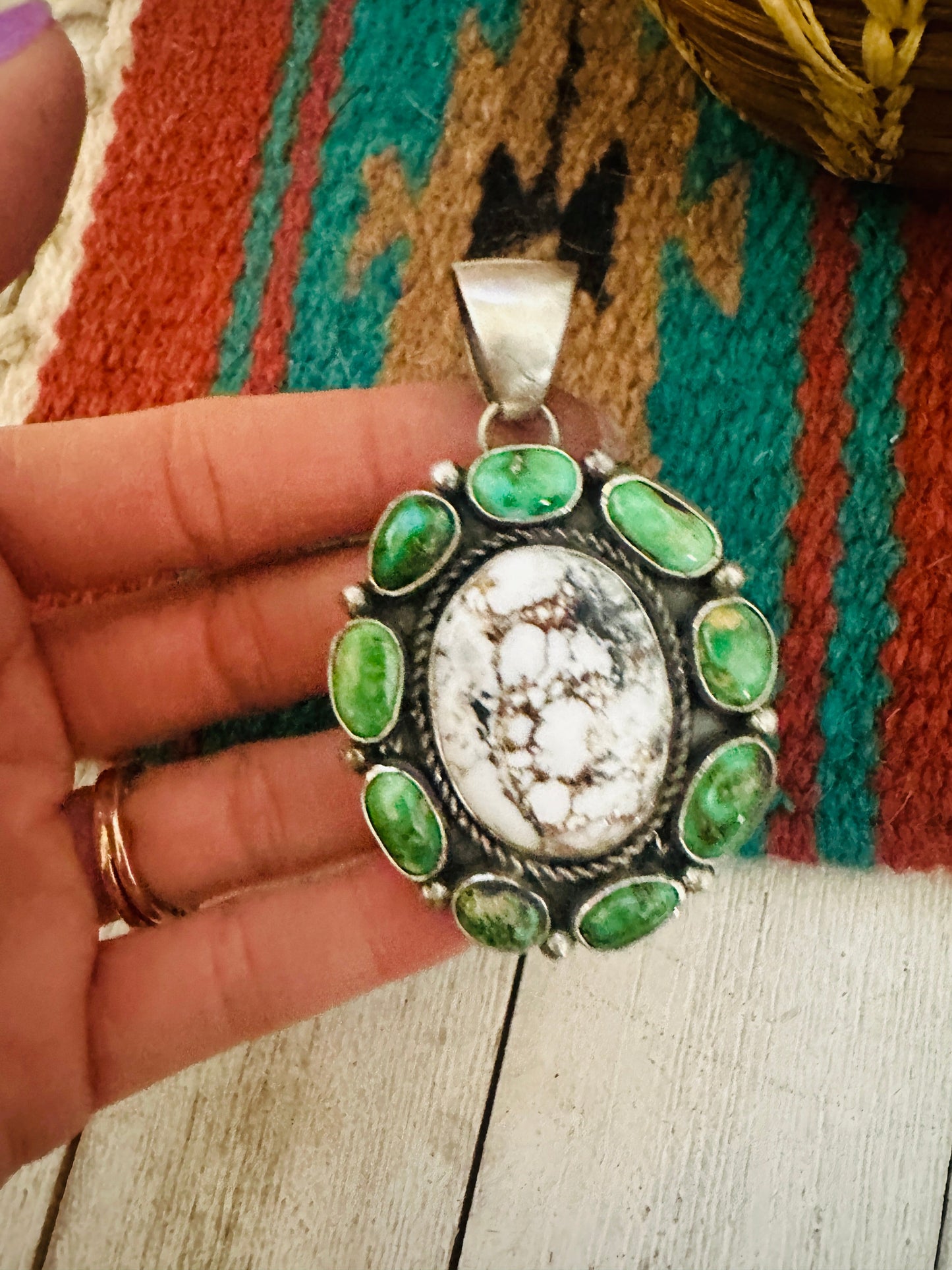 Navajo Sonoran Gold Turquoise, Wild Horse and Sterling Silver Cluster Pendant