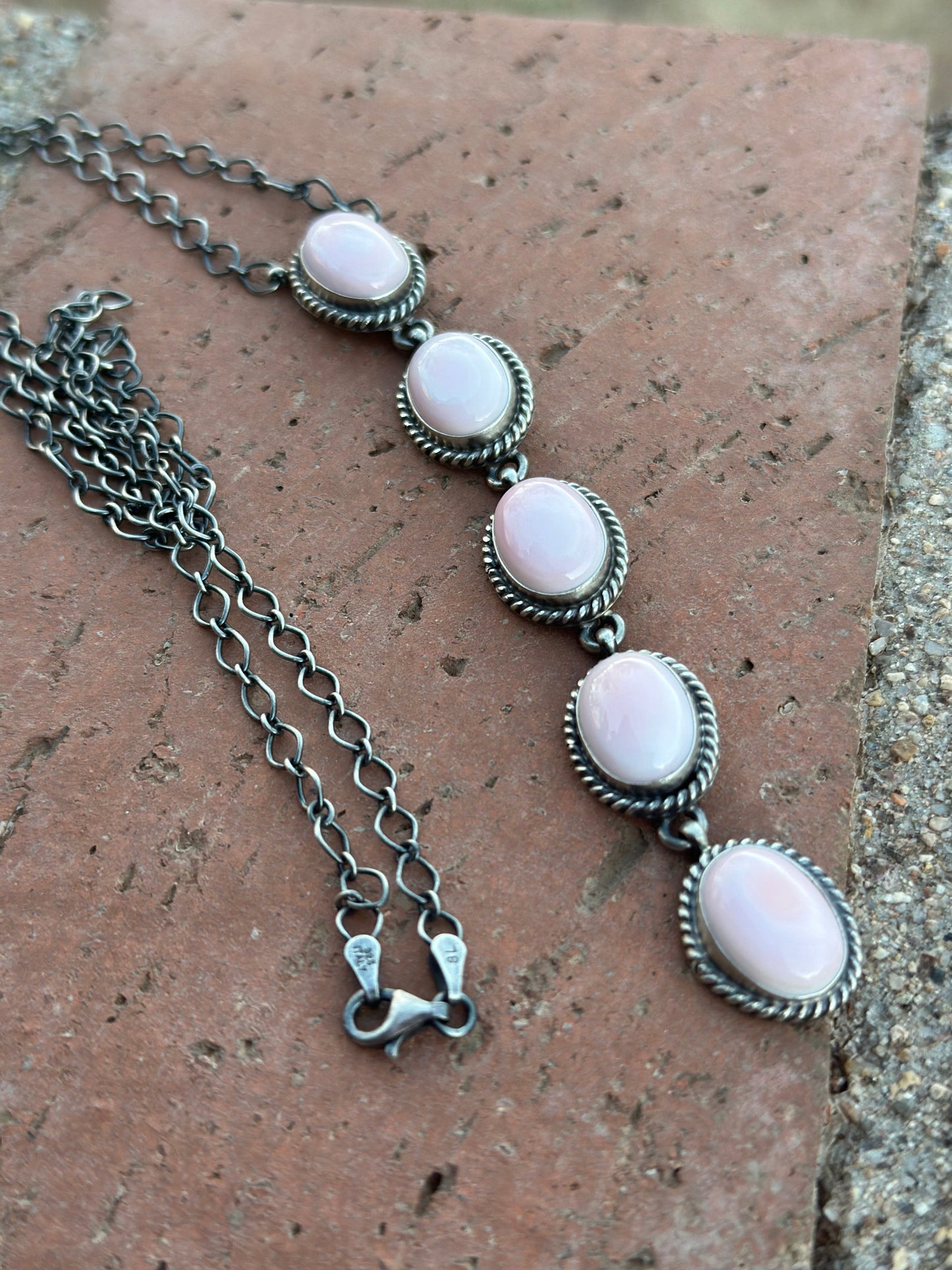 Handcrafted Queen Pink Conch & Sterling Silver 5 Oval Drop Necklace