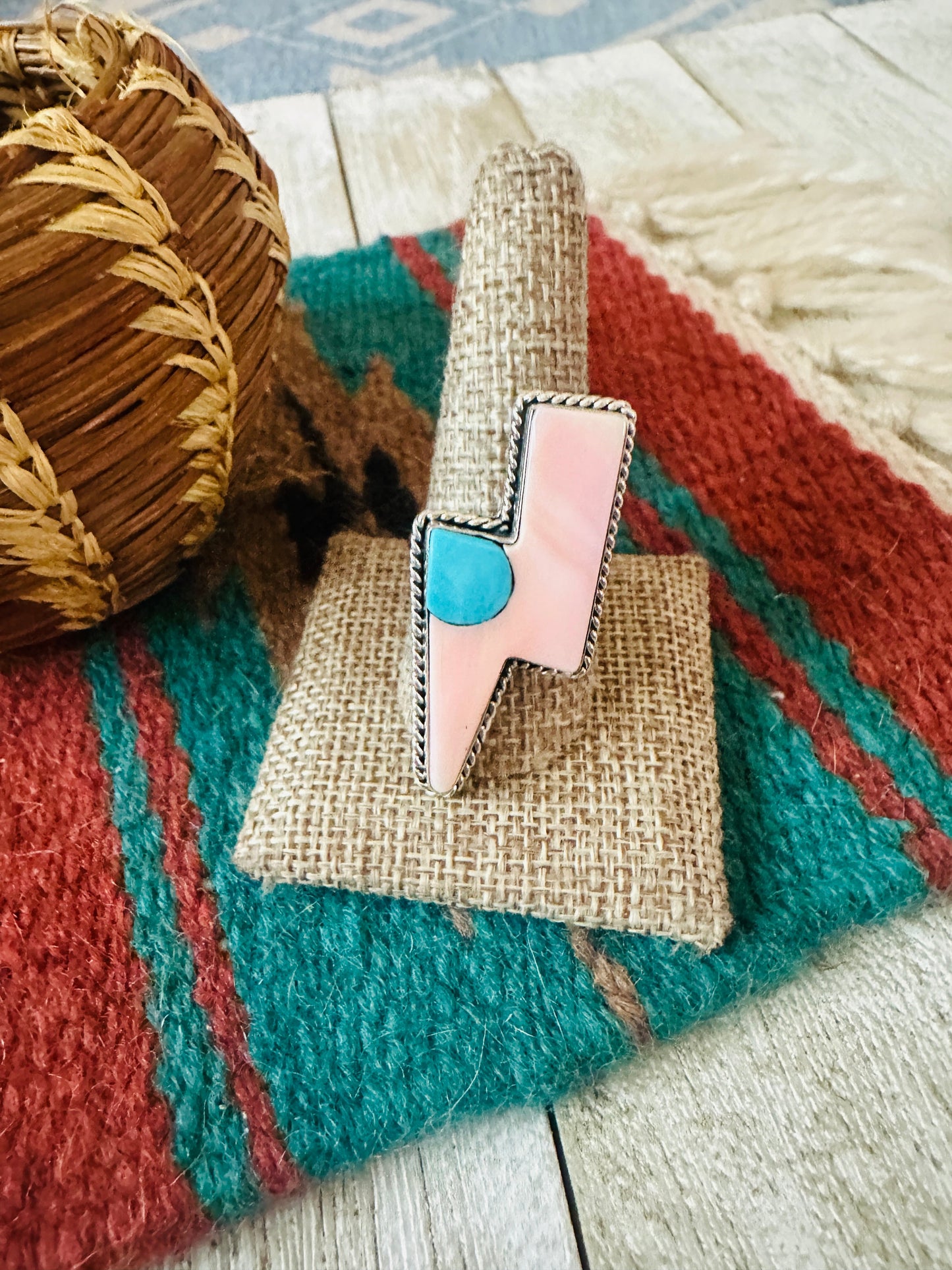 Handcrafted Queen Pink Conch, Turquoise & Sterling Silver Adjustable Lightning Bolt Ring