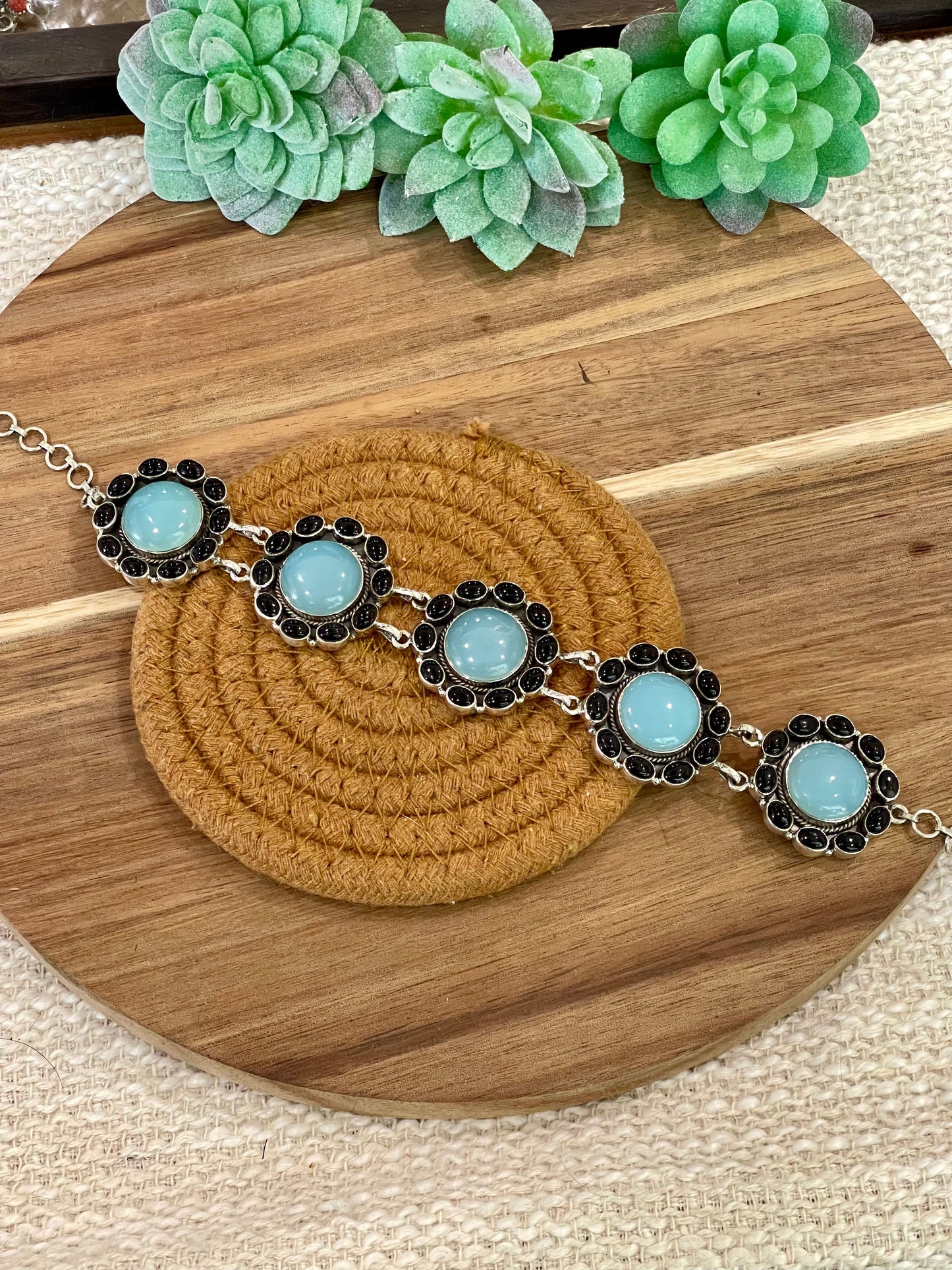 Handmade Sterling Silver, Onyx & Aqua Calcedony Necklace Signed Nizhoni