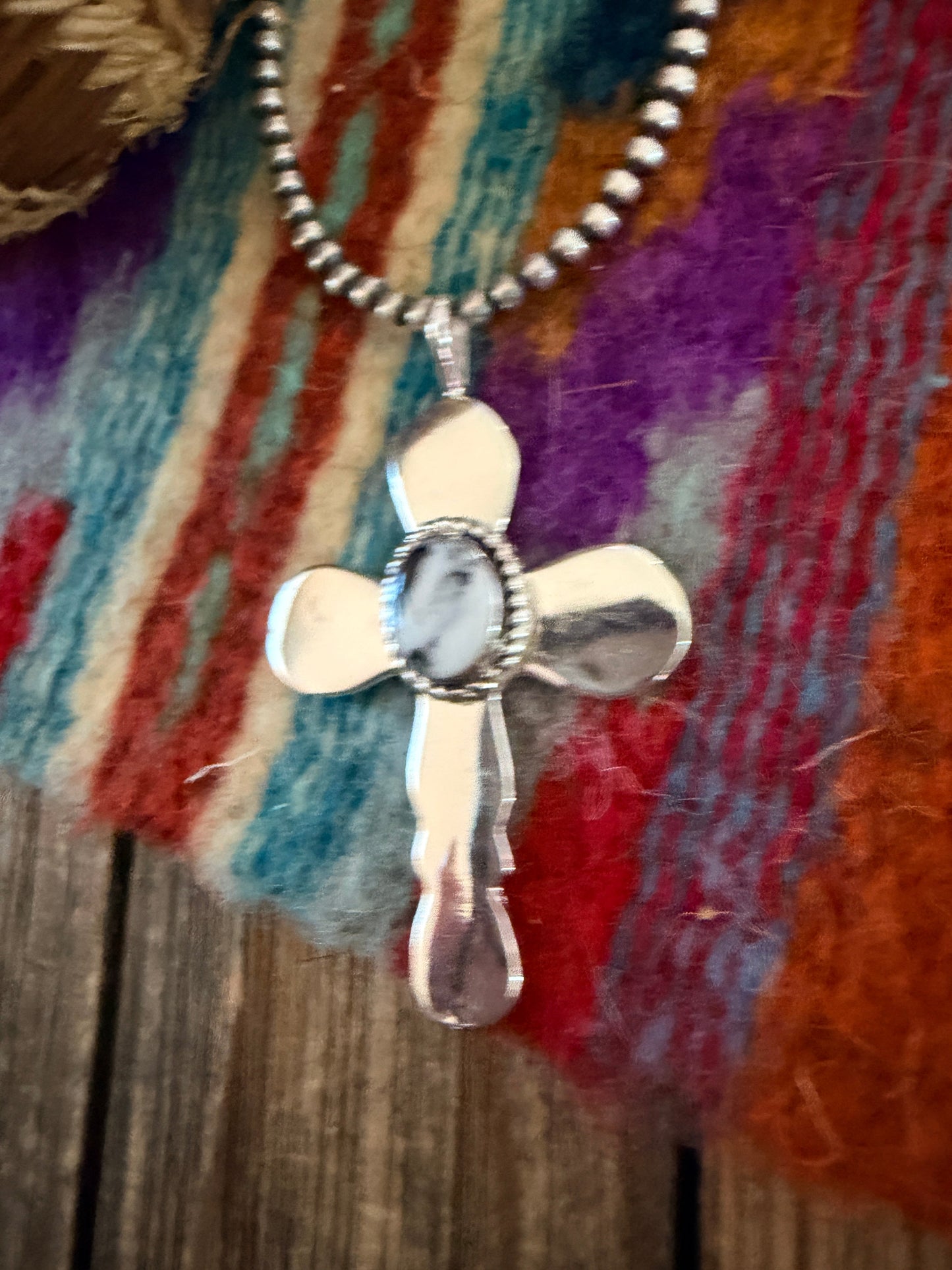 Handcrafted Sterling Silver & White Buffalo Cross Pendant by Joseph Martinez