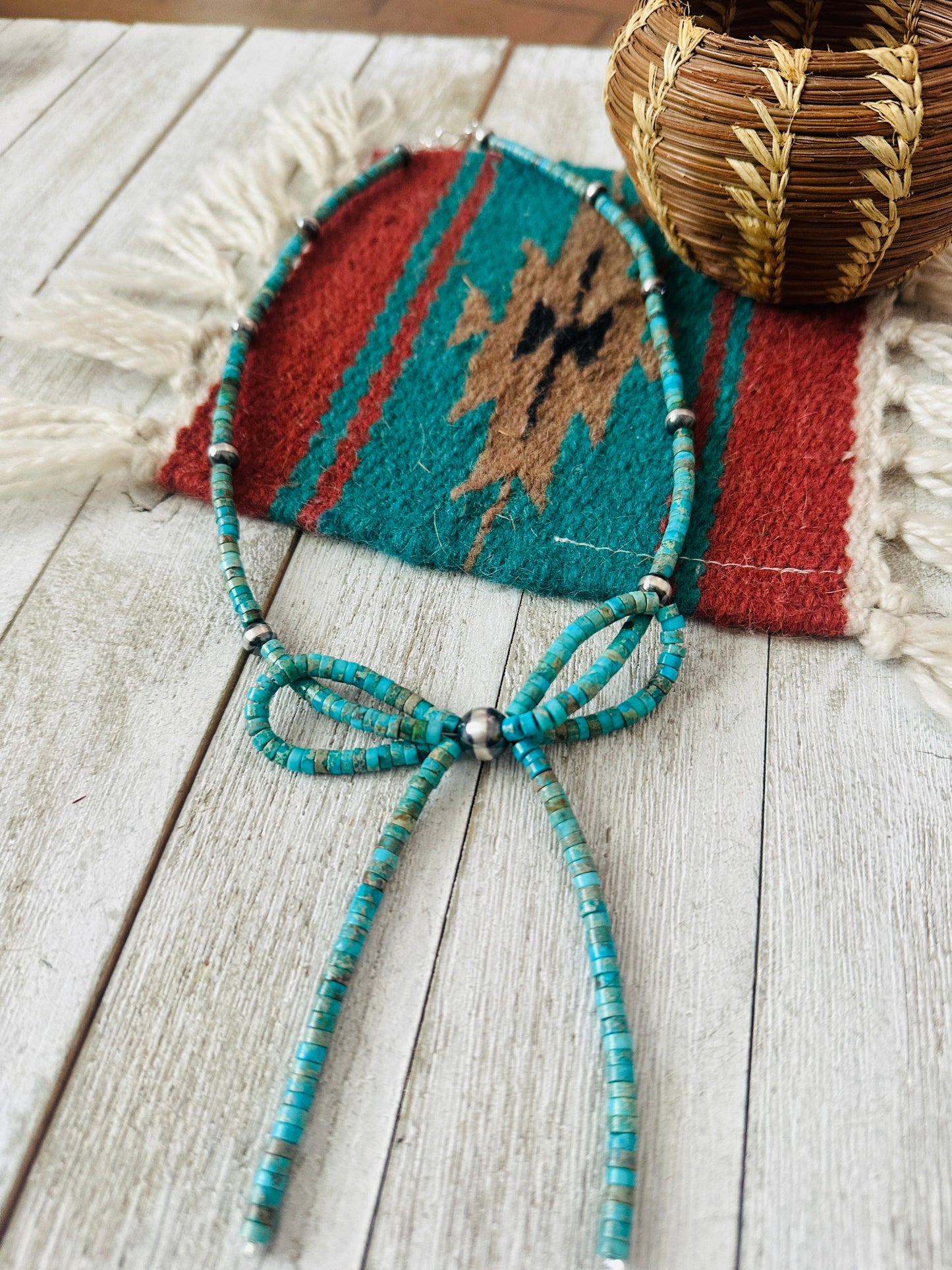 Handcrafted Sterling Silver & Turquoise Pearl Beaded Bow Tie Necklace 20”