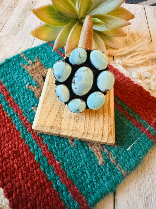 Handcrafted Golden Hills Turquoise & Sterling Silver Cluster Ring Size 7.5