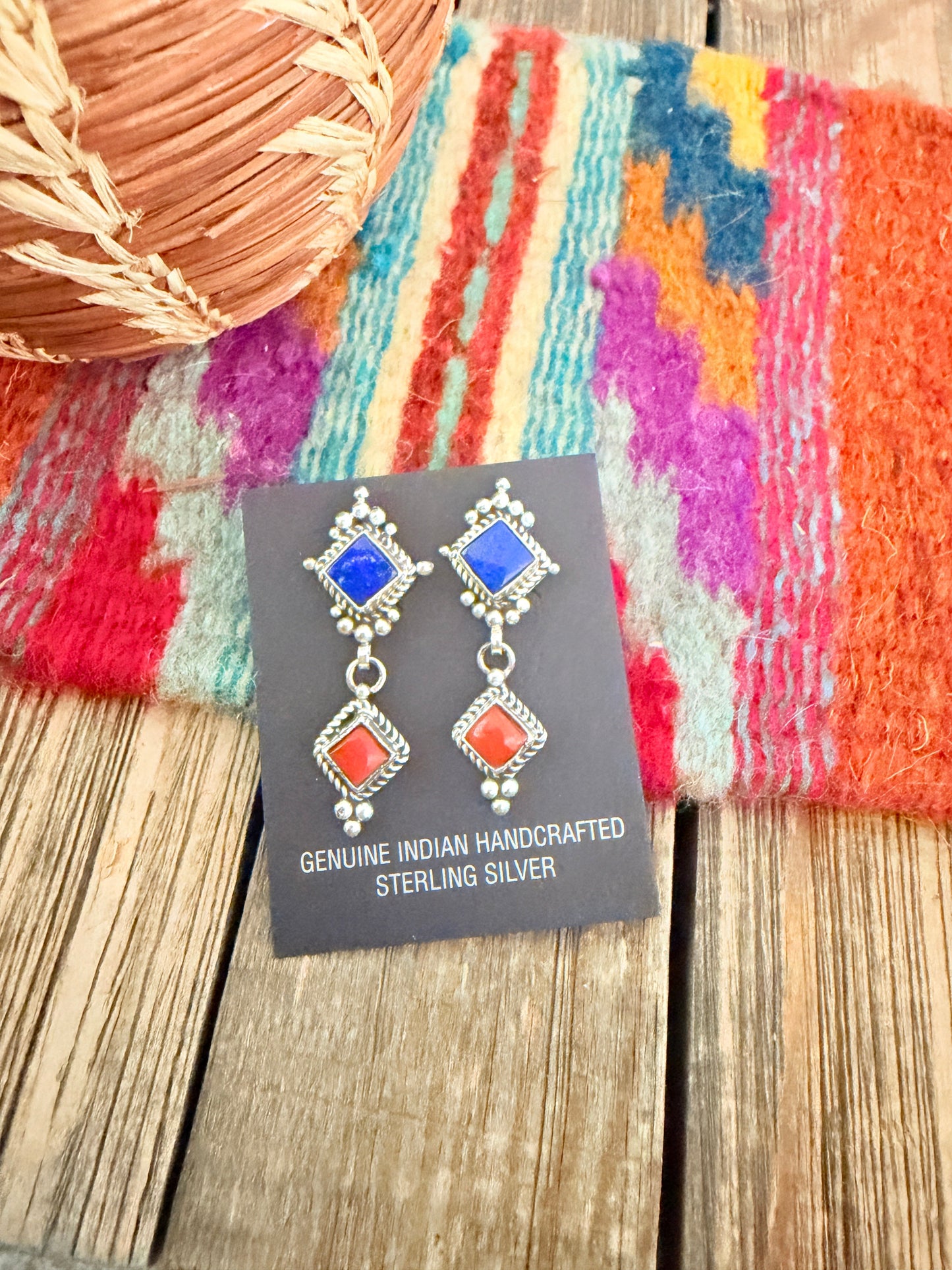 Handcrafted Lapis, Coral & Sterling Silver Dangle Earrings