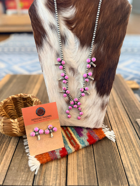 Handcrafted Cotton Candy & Sterling Silver Squash Blossom Necklace and Earring Set