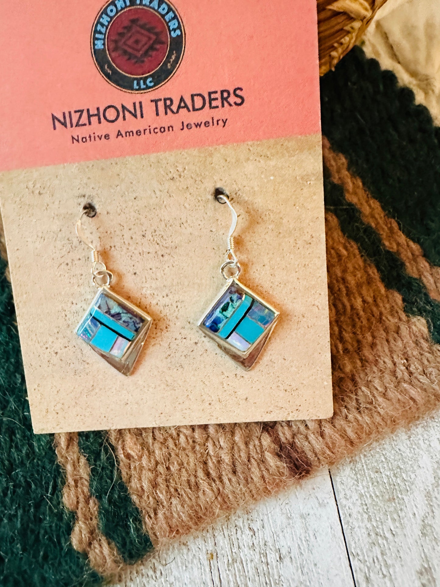 Handcrafted Sterling Silver & Multi Stone Inlay Dangle Earrings