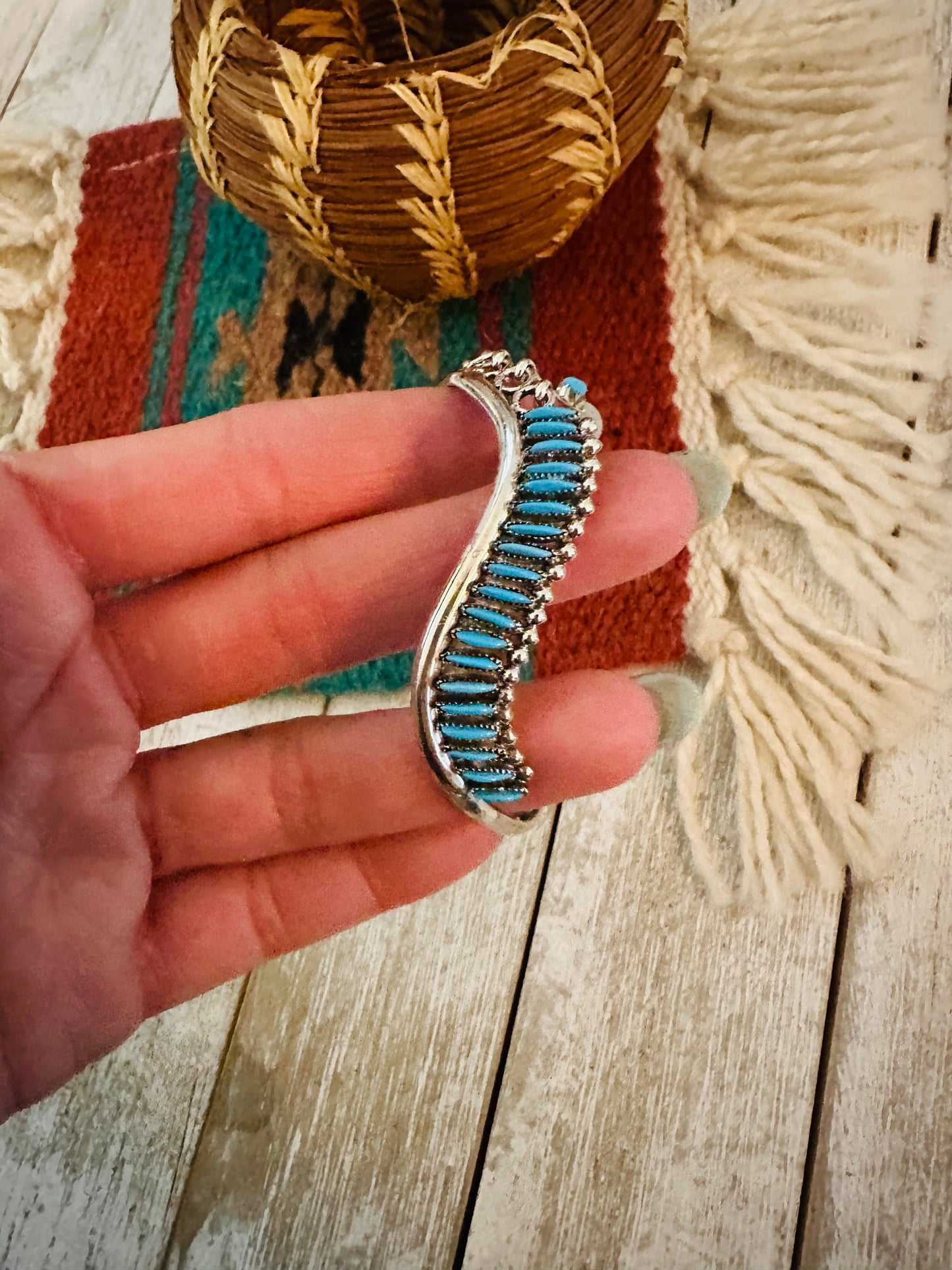 Handcrafted Sterling Silver & Turquoise Needlepoint Cuff Bracelet