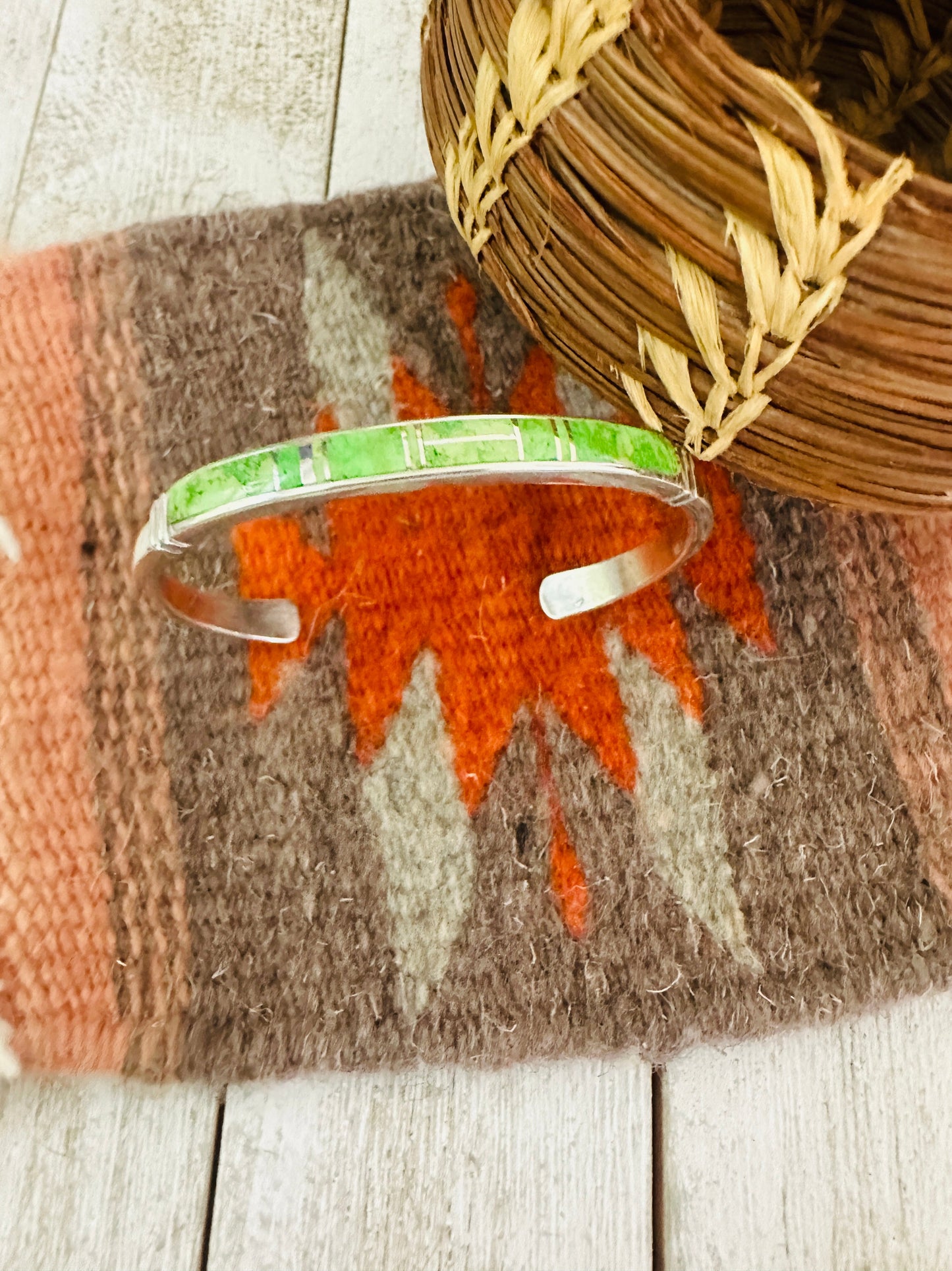 Handcrafted Gaspeite & Sterling Silver Inlay Cuff Bracelet