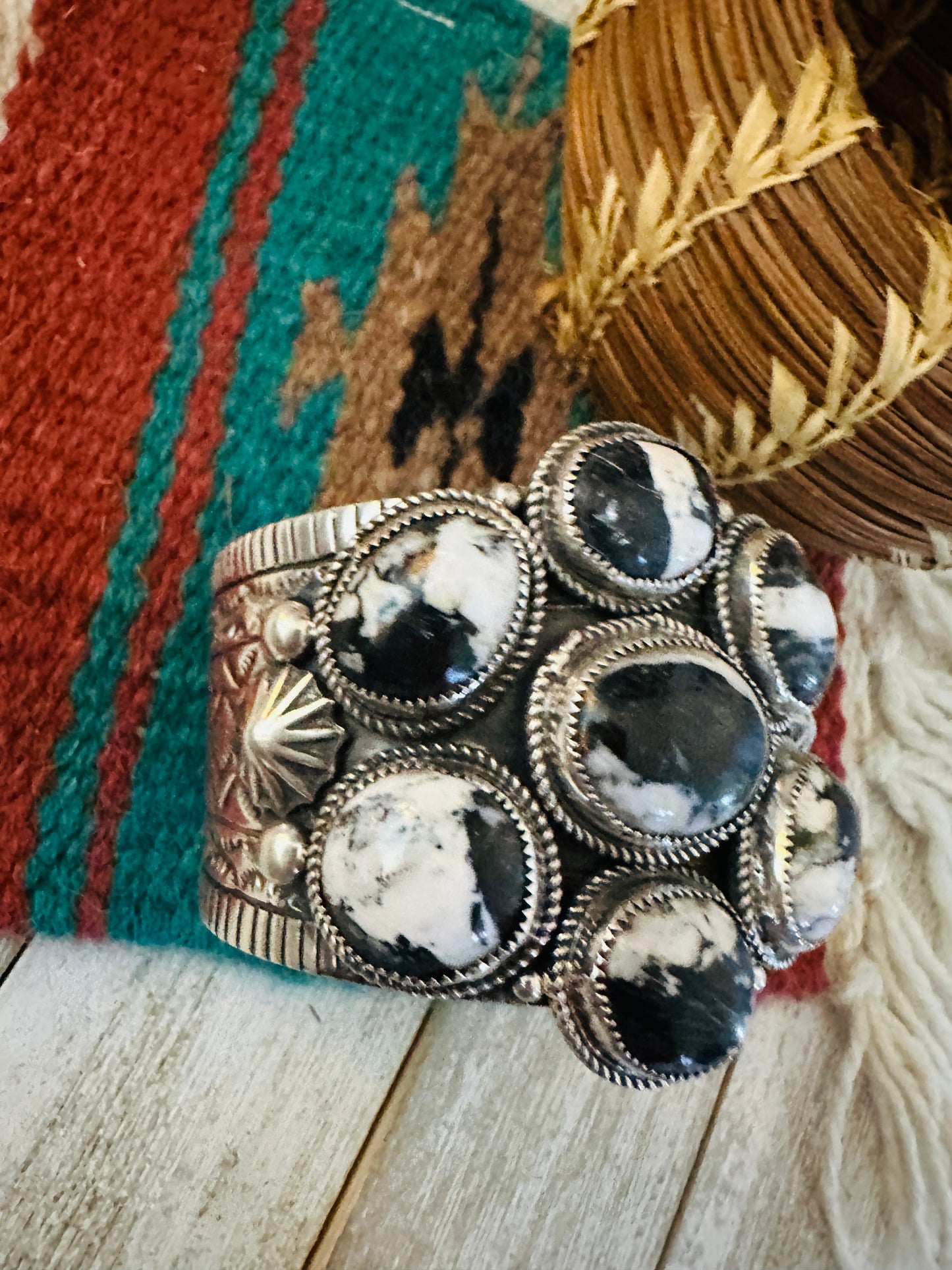 Handcrafted White Buffalo & Sterling Silver Cluster Cuff Bracelet