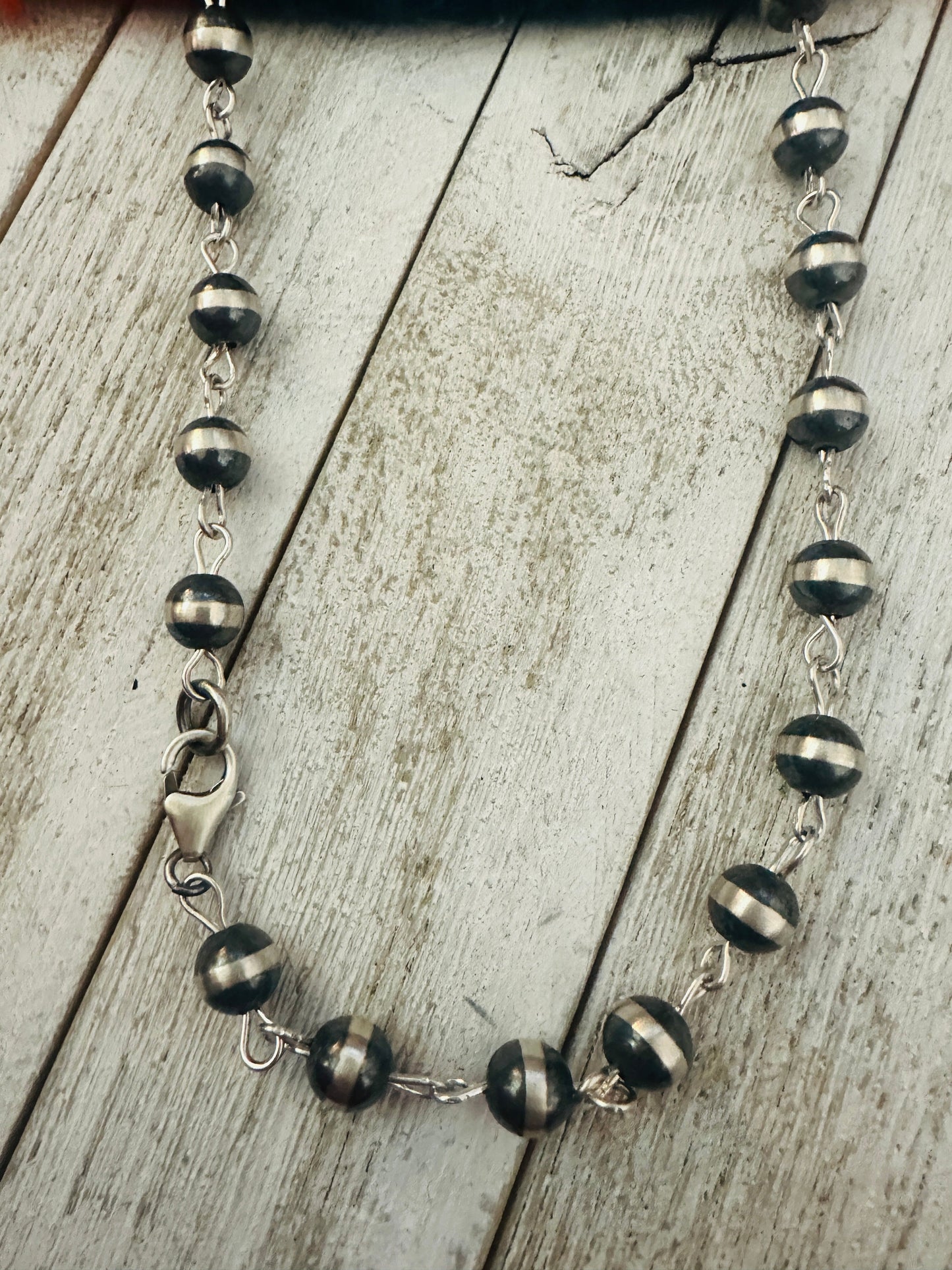 Handcrafted Sterling Silver Beaded Rosary Style Necklace 8mm