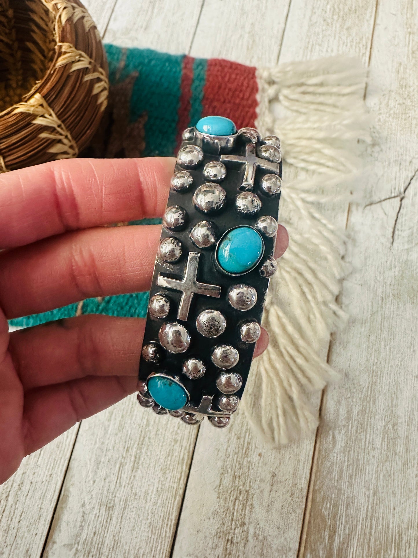 Navajo Turquoise & Sterling Silver Cross Cuff Bracelet By Chimney Butte