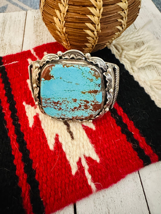 Vintage Old Pawn Handcrafted Sterling Silver & Number 8 Turquoise Cuff Bracelet