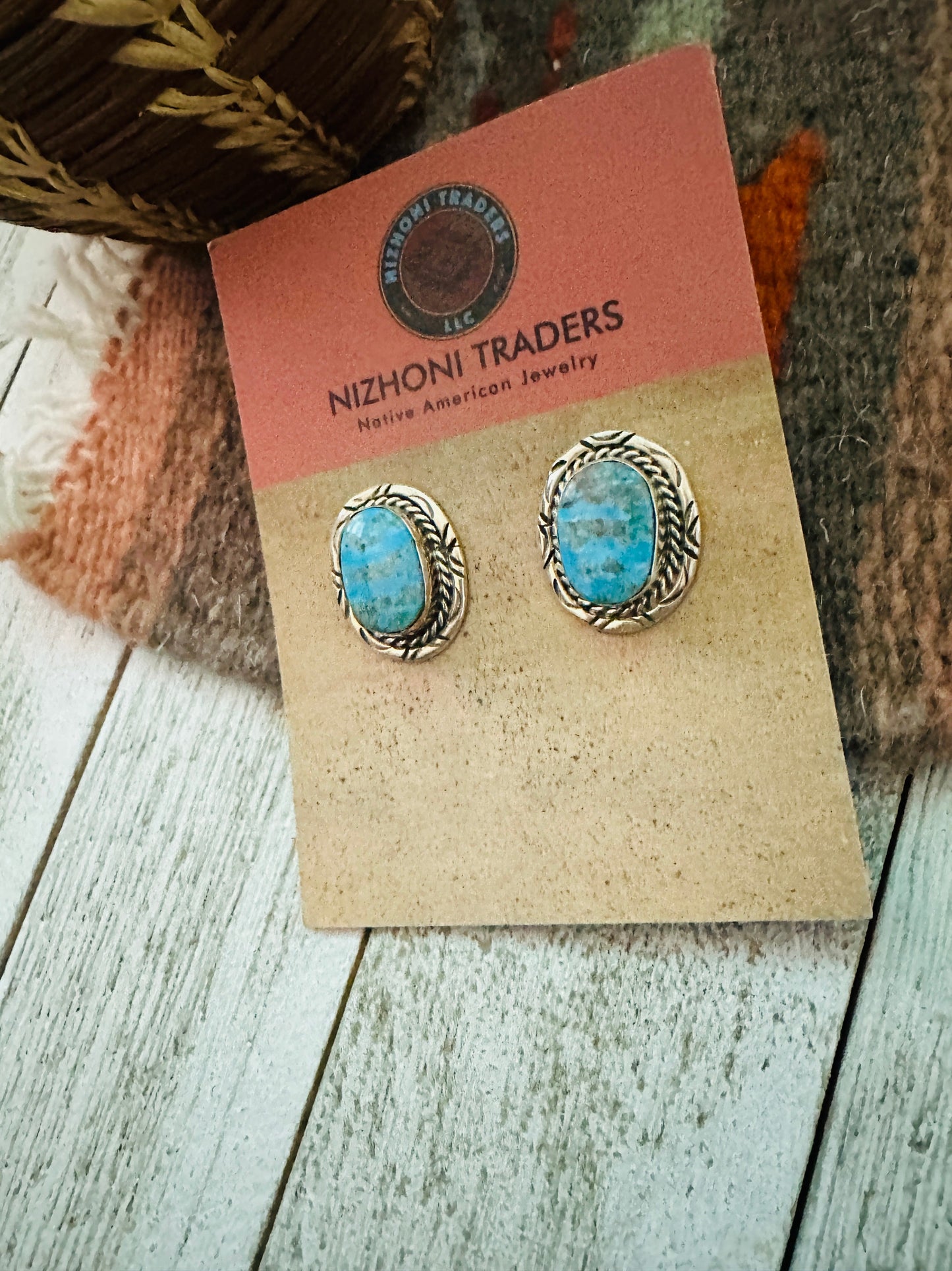 Navajo Kingman Turquoise and Sterling Silver Stud Earrings