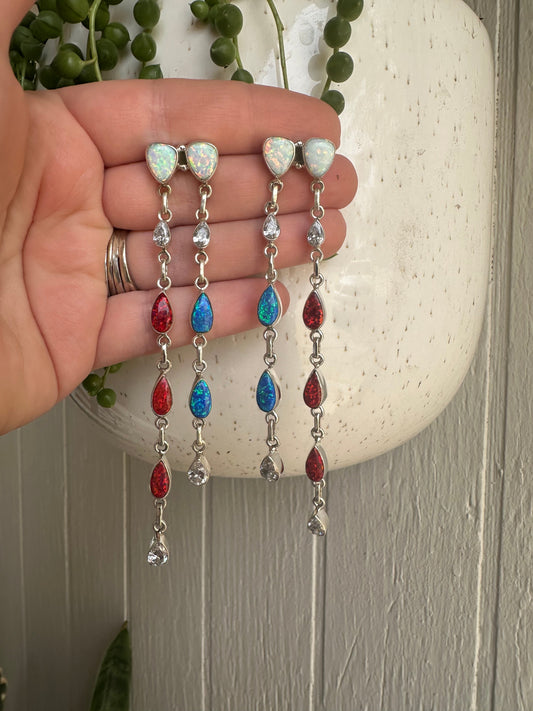 4th Of July Handmade Red, White & Blue Fire Opal and Sterling Silver Double Strand Statement Earrings