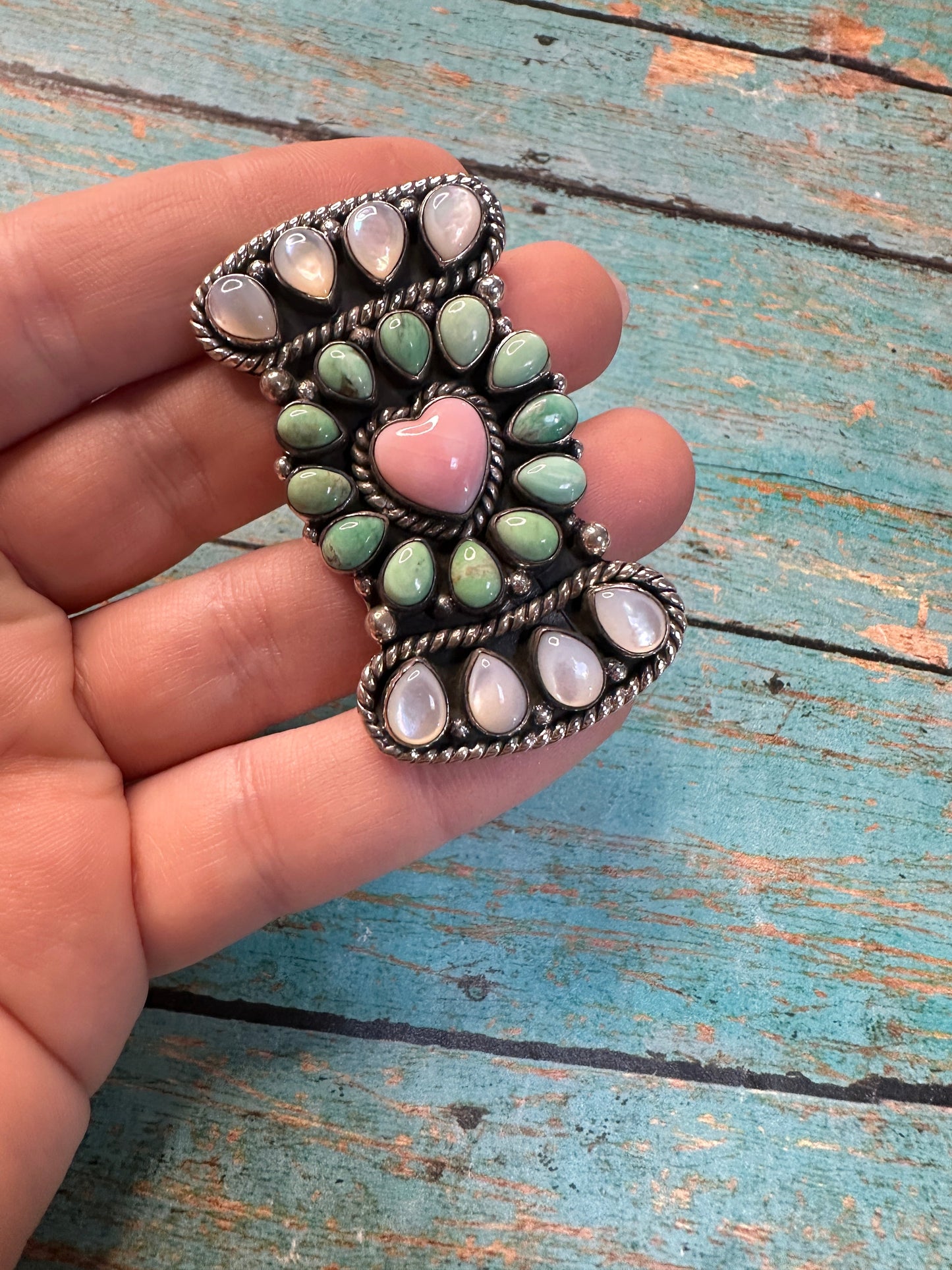 Beautiful Handmade Mother of Pearl, Turquoise, Pink Conch And Sterling Silver Adjustable Cluster Heart Ring