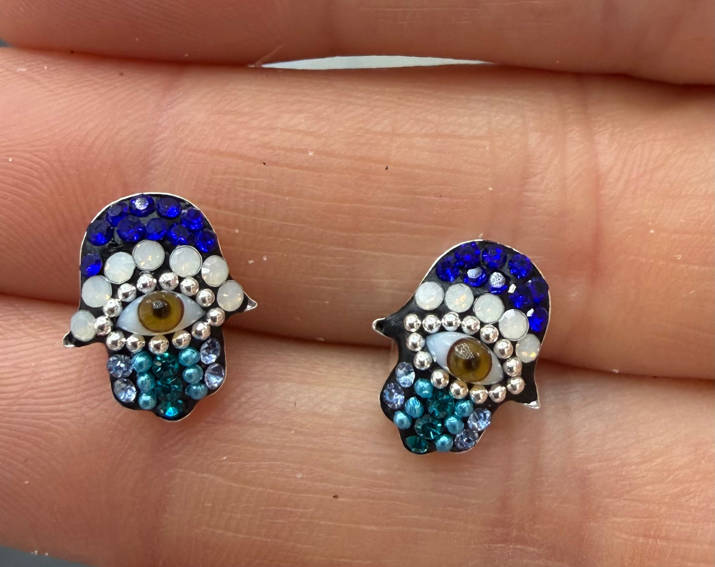 Hamsa Blue Evil Eye Sterling Silver Stud Earrings