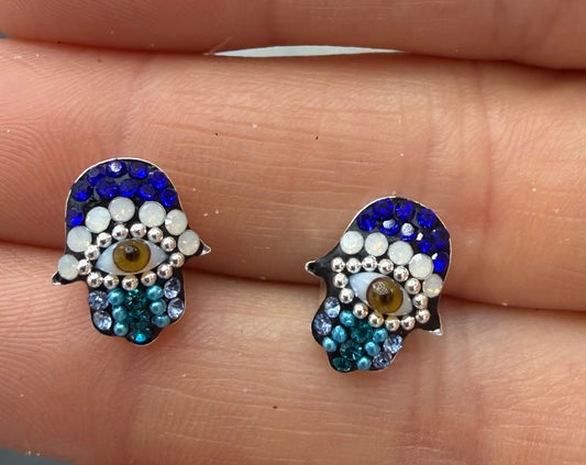 Hamsa Blue Evil Eye Sterling Silver Stud Earrings