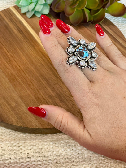 Beautiful Handmade Golden Hills Turquoise, Cubic Zirconia And Sterling Silver Adjustable Cluster Ring