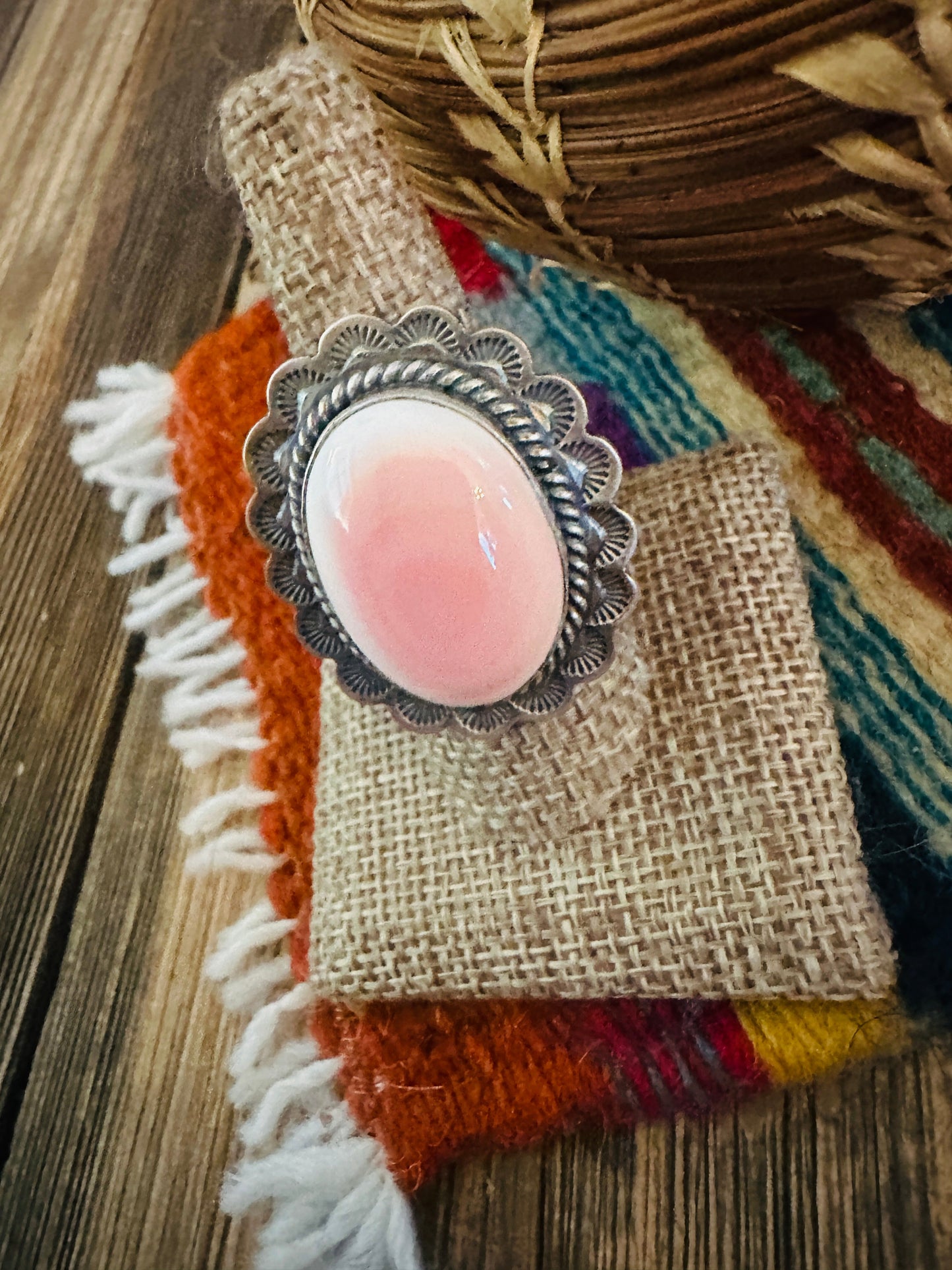 Handcrafted Queen Pink Conch & Sterling Silver Ring Size 8.75