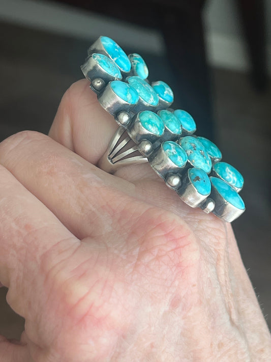 Handcrafted Paul Livingston Sterling Silver and Campitos Turquoise Cluster Ring, Size  7