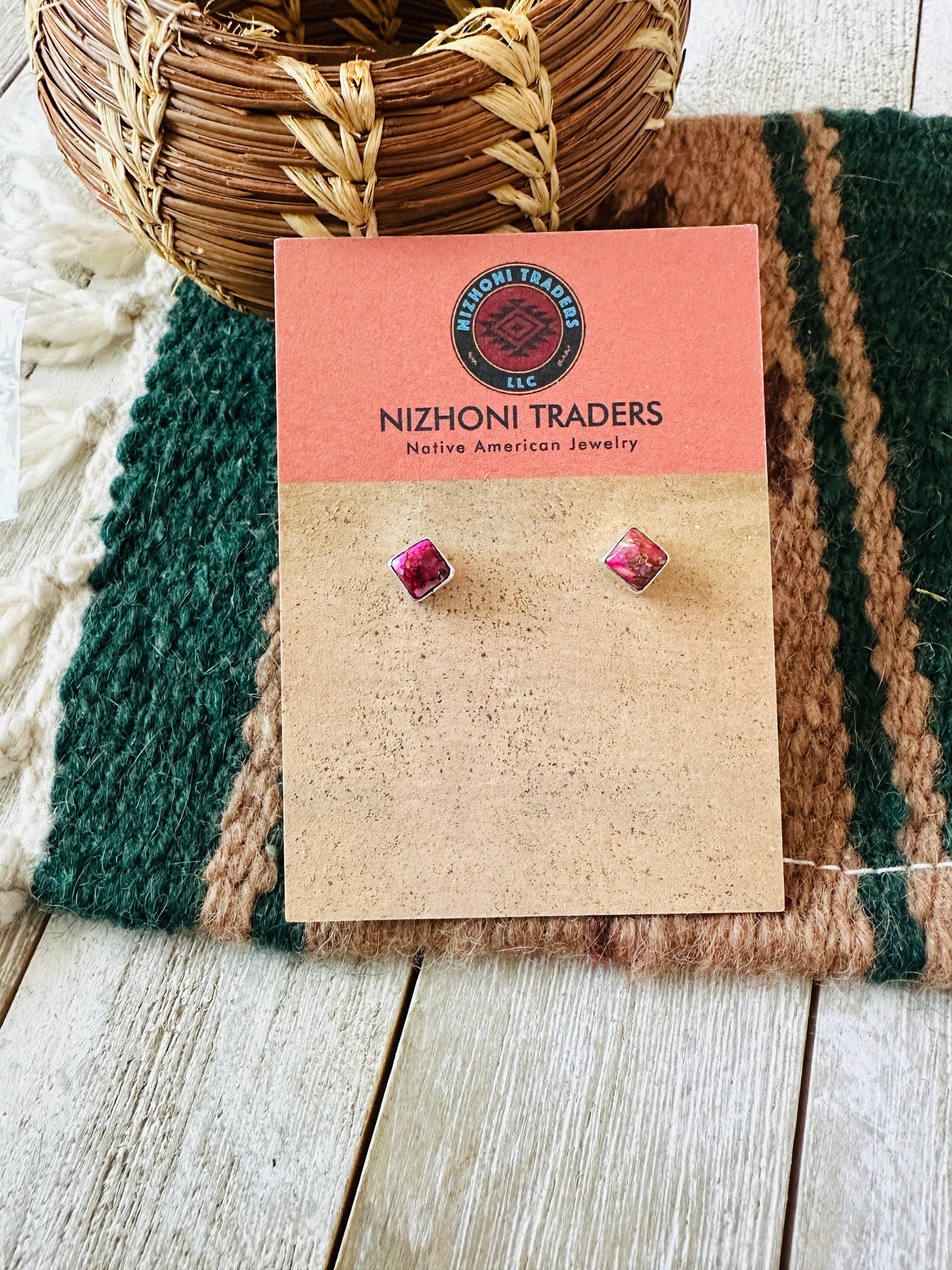 Handcrafted Sterling Silver & Pink Mojave Square Stud Earnings