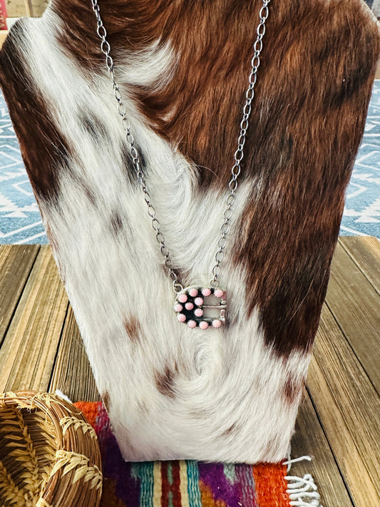Handcrafted Queen Pink Conch & Sterling Silver Belt Buckle Necklace by Russell Sam