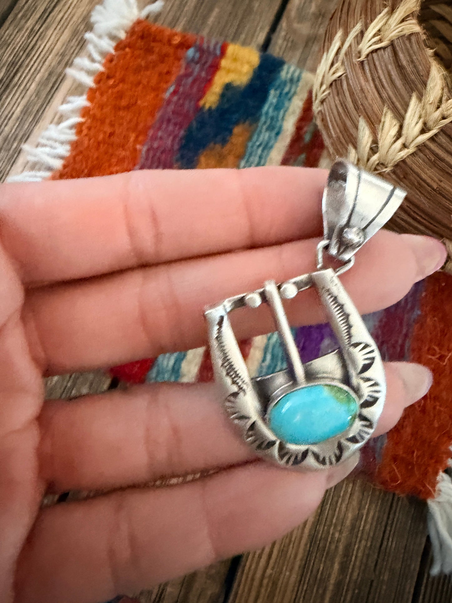 Handcrafted Sterling Silver & Turquoise Belt Buckle Pendant by Leroy James