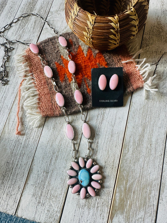 Handcrafted Queen Pink Conch, Turquoise & Sterling Silver Cluster Necklace Set