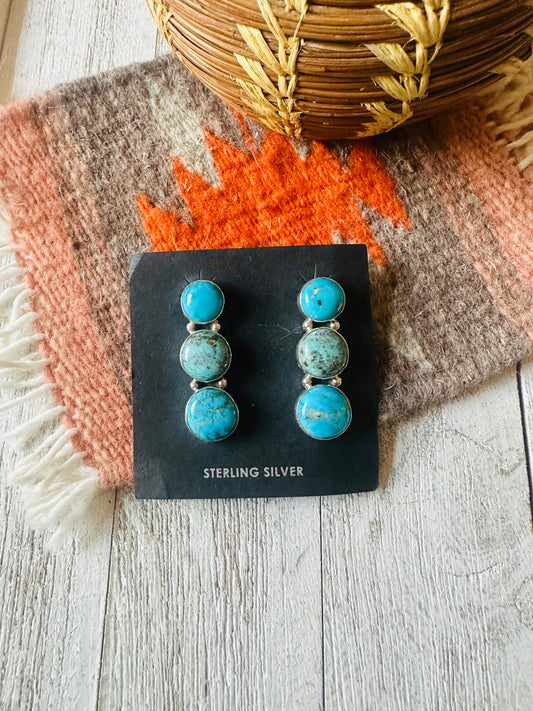 Handcrafted 3-Stone Turquoise And Sterling Silver Earrings