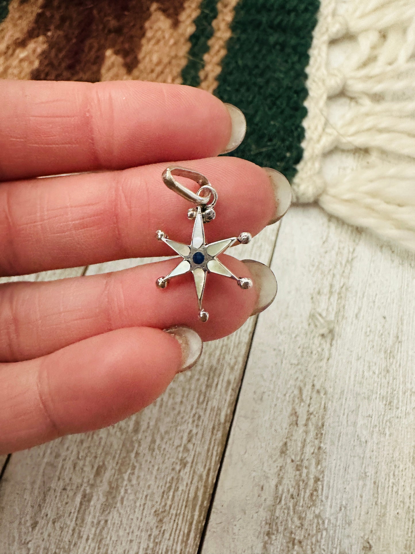 Handcrafted Sterling Silver, Mother of Pearl & Lapis Mini Star Pendant Signed
