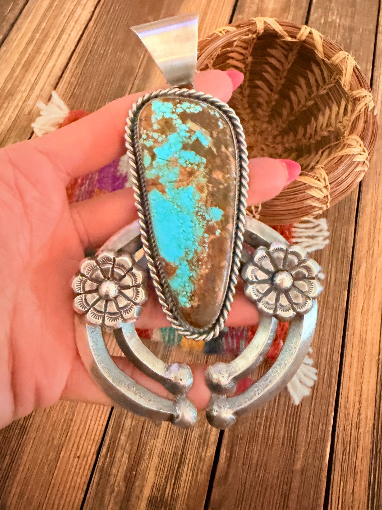 Handcrafted Sterling Silver & Number 8 Turquoise Naja Pendant by Chimney Butte