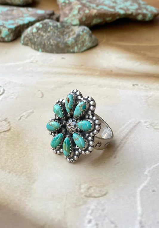Handmade Turquoise & Sterling Adjustable Flower Ring