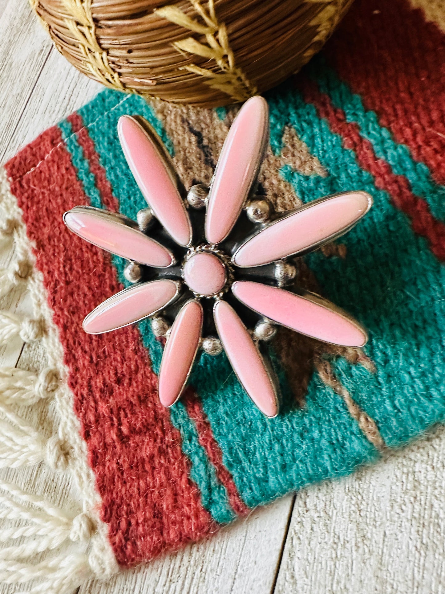 Handcrafted Sterling Silver & Queen Pink Conch Adjustable Flower Ring