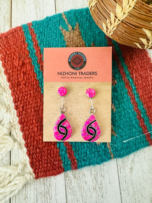Handcrafted Pink Opal, Onyx & Sterling Silver Inlay Dangle Earrings