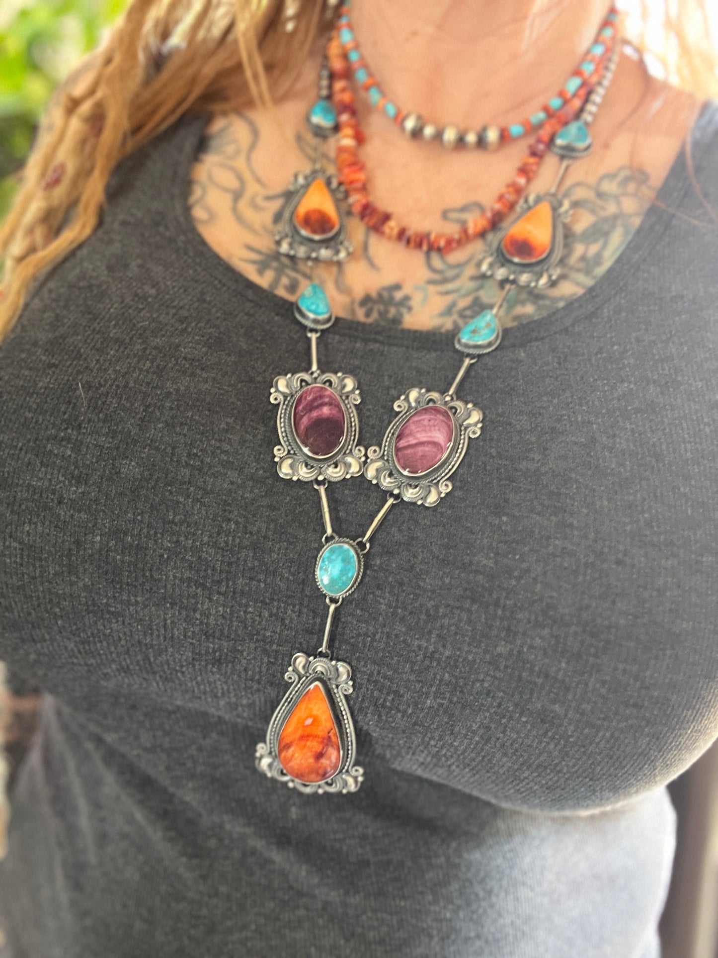 Handcrafted Sterling Silver, Spiny Oyster and Turquoise Link and Bead Electric Rainbow Necklace and Earrings Set by Derrick Gordon