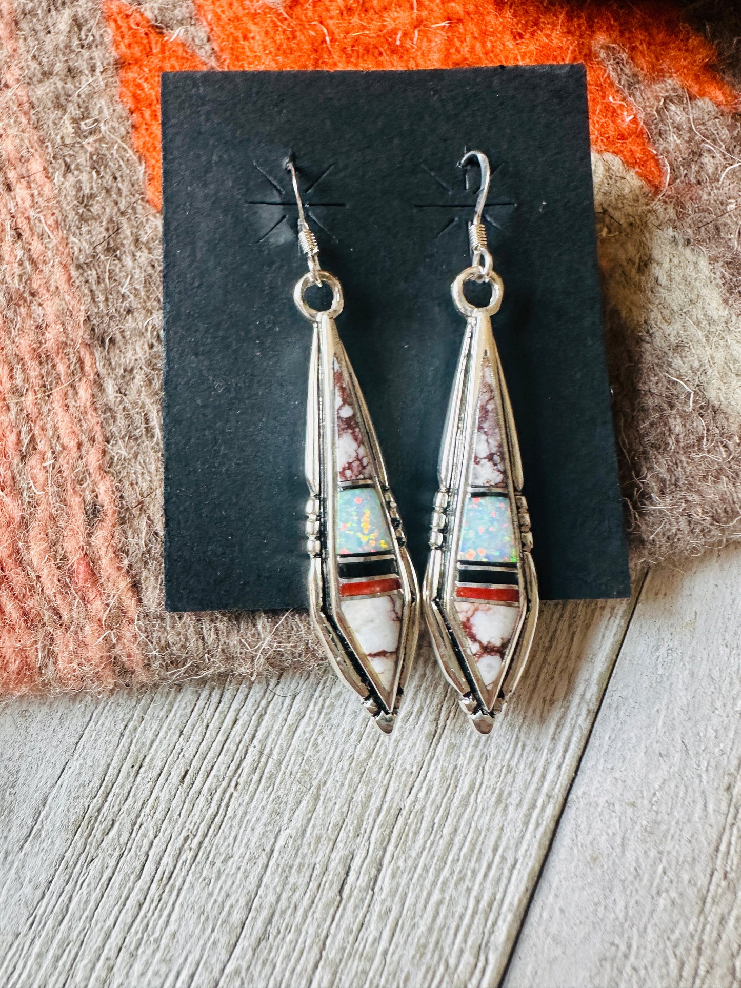 Handcrafted Sterling Silver & Multi Stone Inlay Dangle Earrings