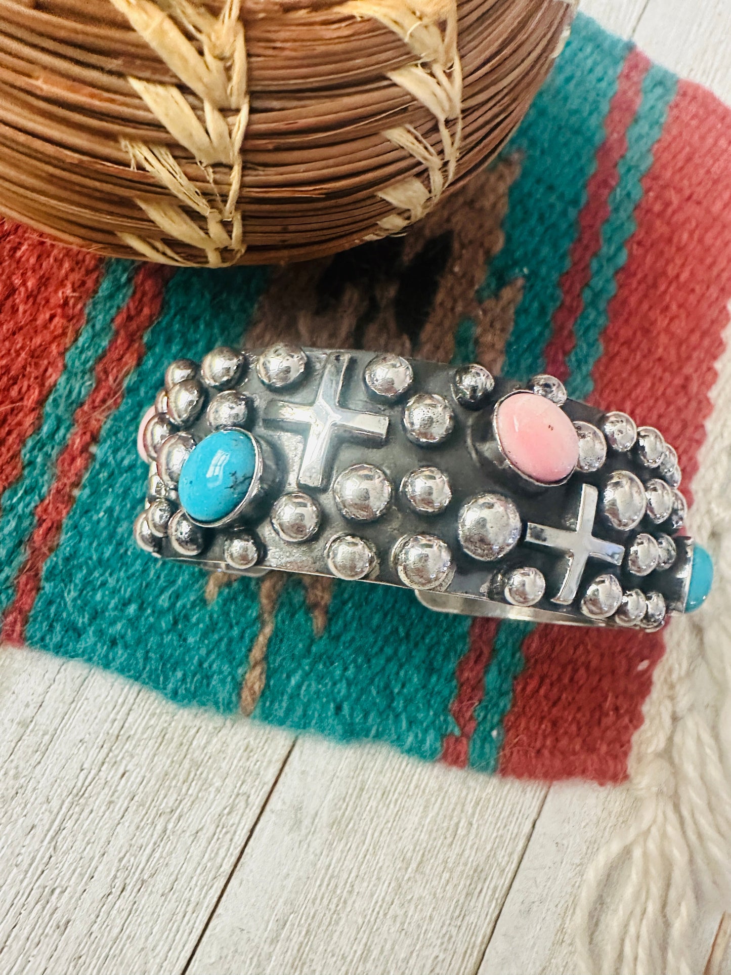 Navajo Turquoise, Queen Pink Conch & Sterling Silver Cross Cuff Bracelet By Chimney Butte