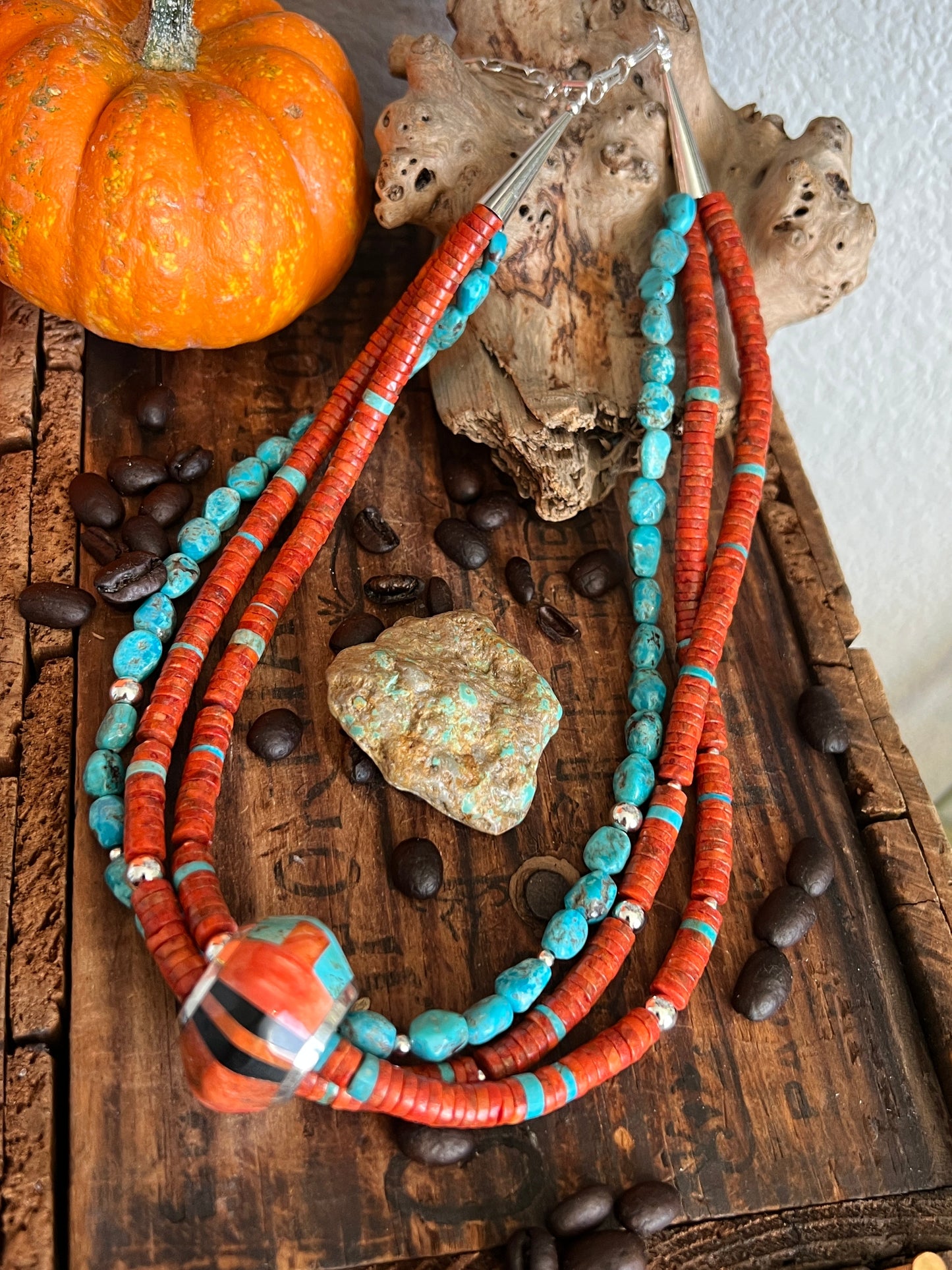 Daniel Coriz Triple Strand Apple Coral and Turquoise Beaded Necklace w/ Sterling Silver Removable Inlay Bead