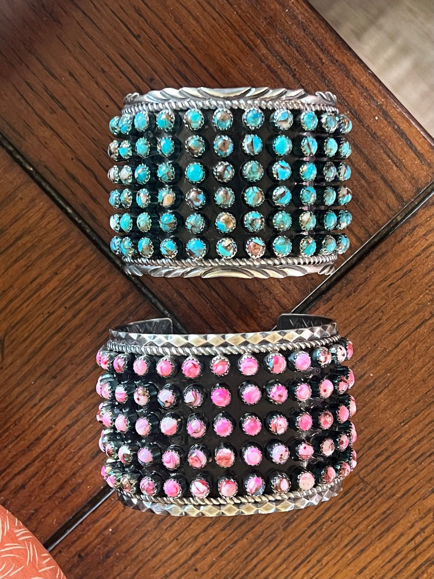 Handcrafted Sterling Silver and Pink Dream Mohave Snake Eye Style Five Row Cuff Bracelet, Signed BJ /