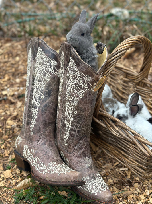 Cream Embroidered Corral Boot