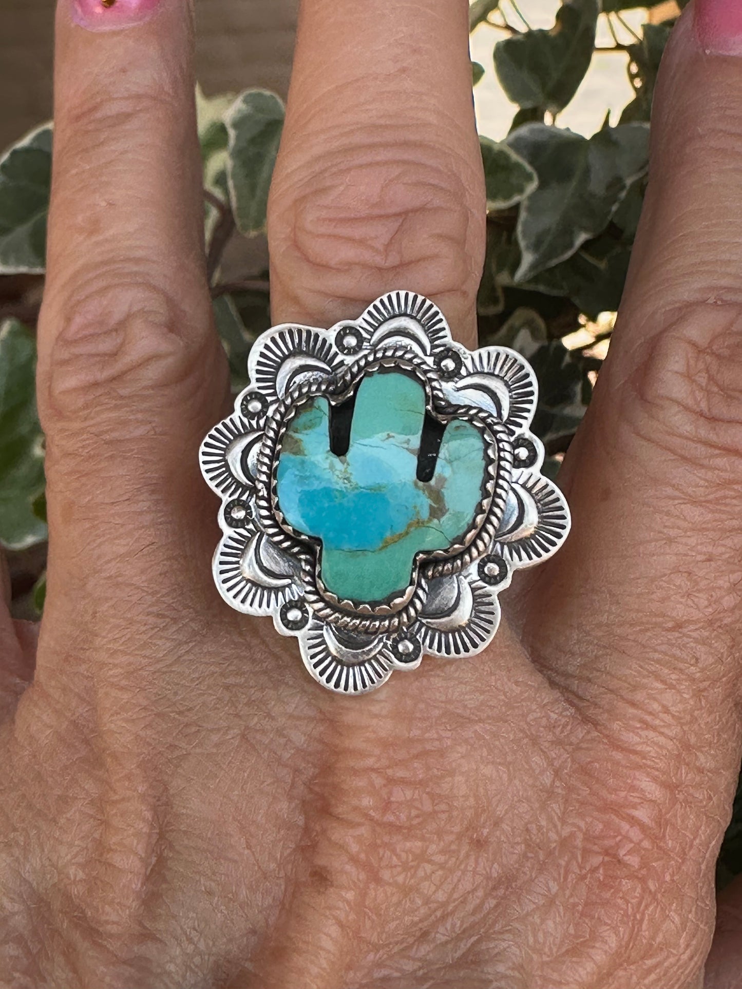 Handmade Sterling Silver Turquoise Saguaro Cactus Adjustable Ring