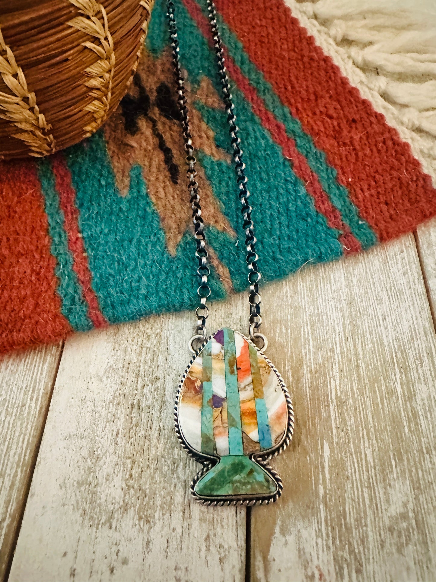 Handcrafted Sterling Silver & Multi Stone Inlay Spade Necklace