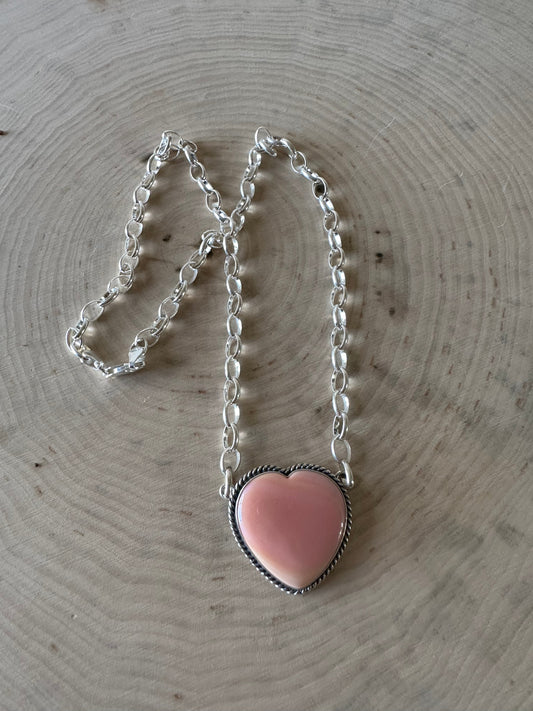 Handcrafted Sterling Silver & Pink Conch Heart Necklace Signed