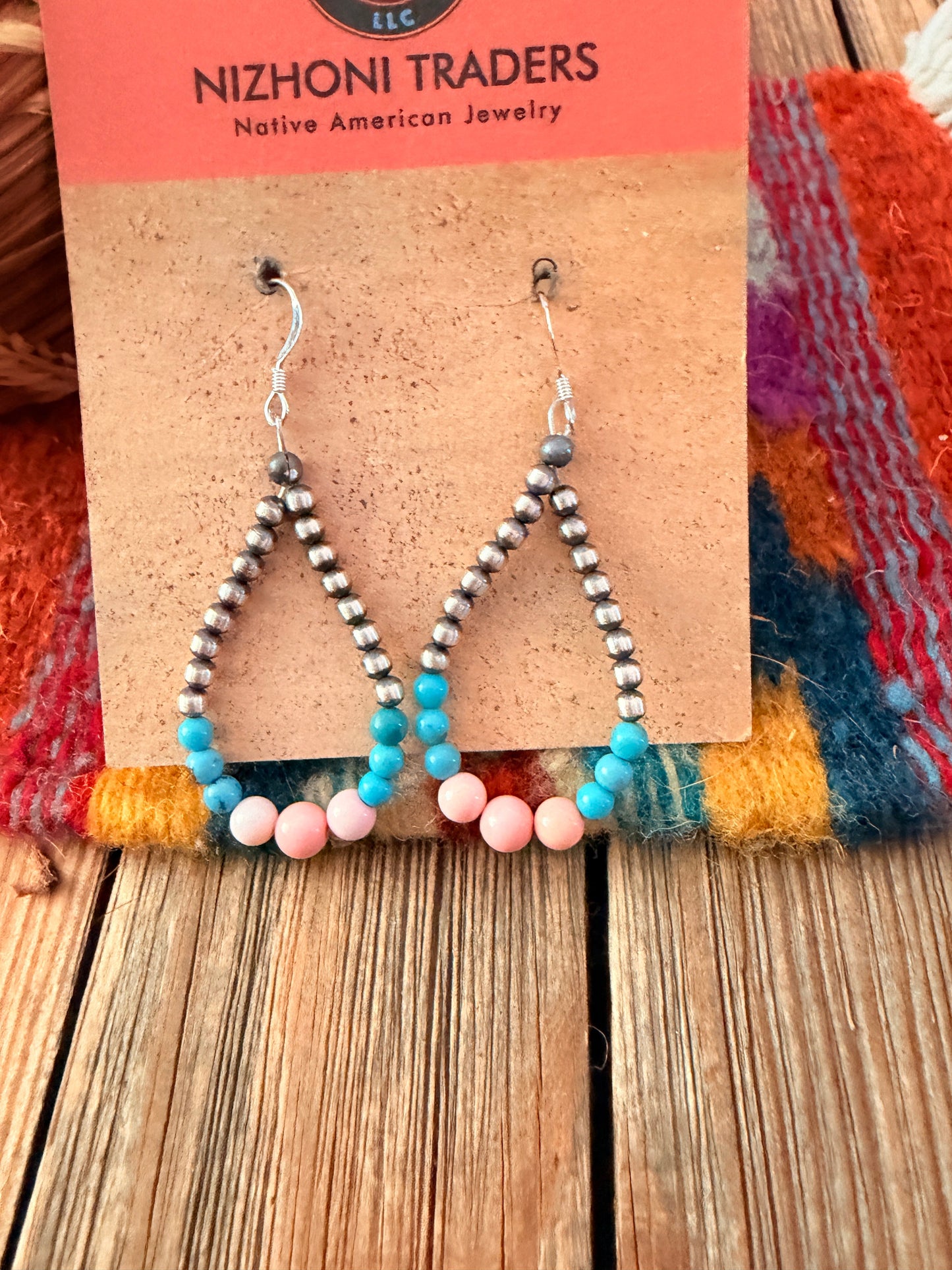 Handcrafted Pink Conch, Turquoise & Sterling Silver Pearl Beaded Dangle Hoop Earrings