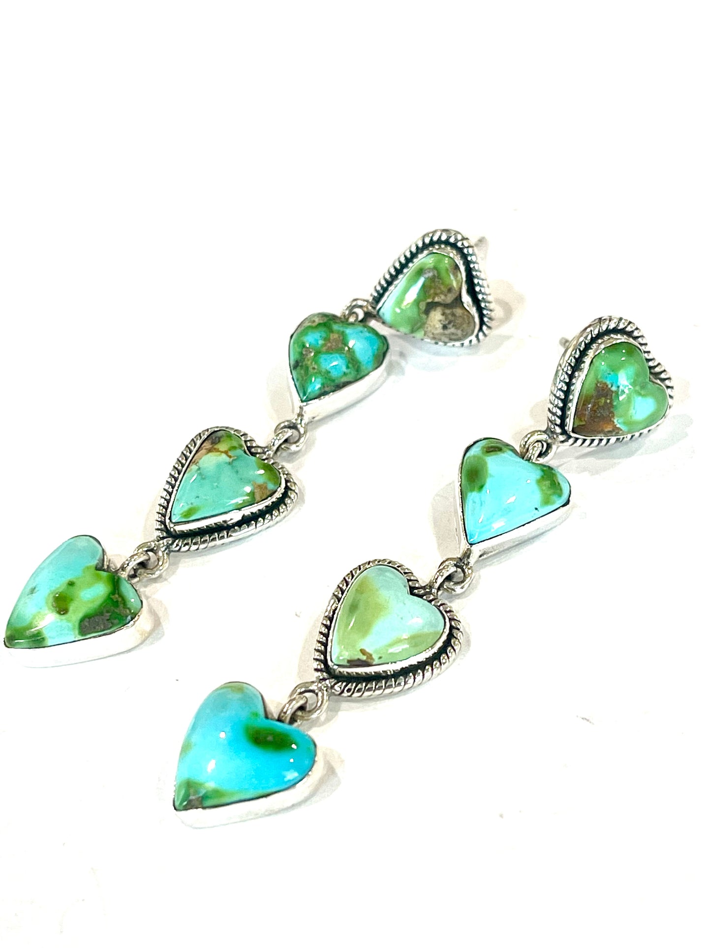 Handmade Emerald Valley Turquoise and Sterling Silver Dangle Heart Earrings