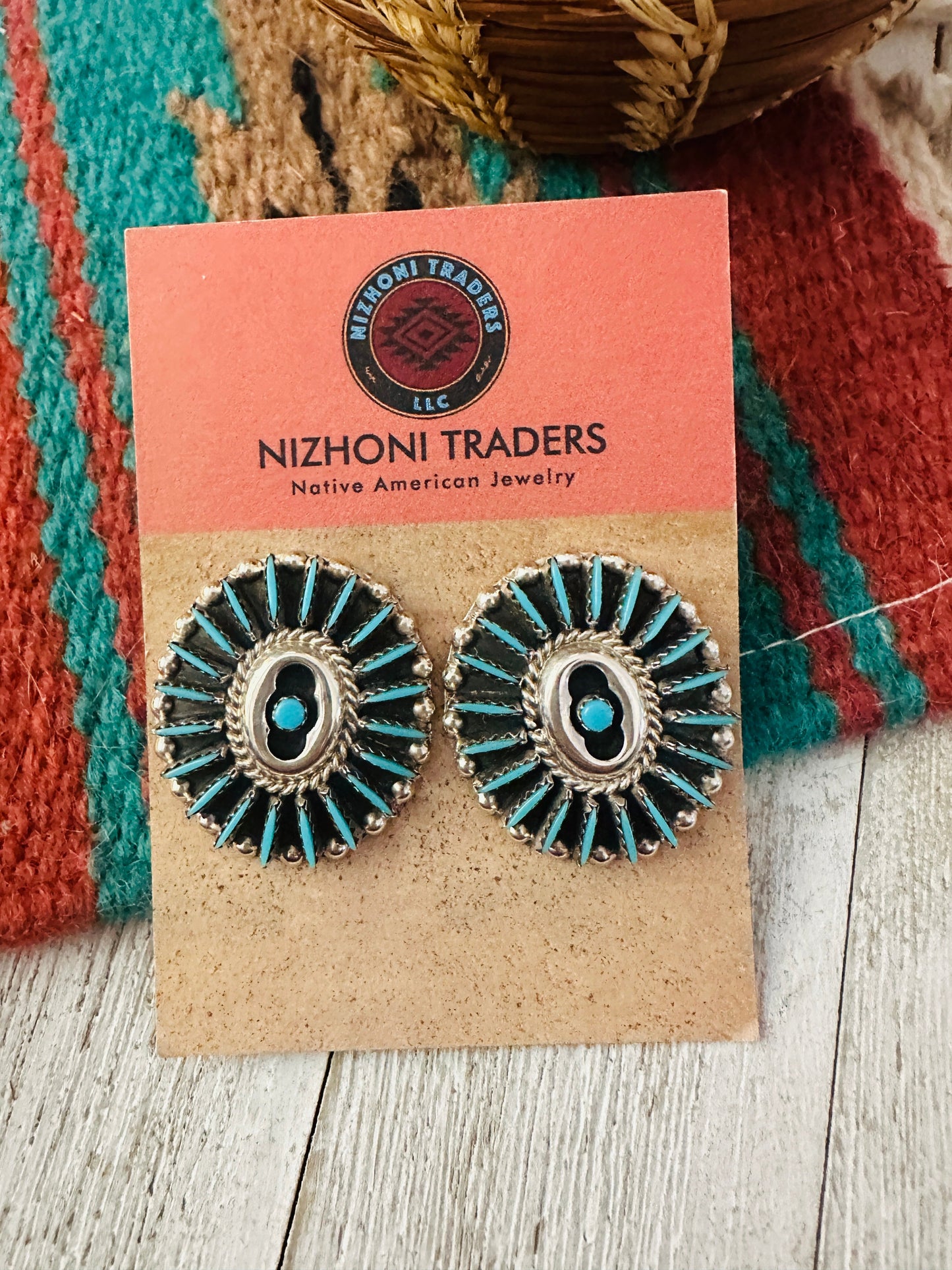 Old Pawn Needlepoint Sterling Silver & Turquoise Cluster Post Earrings