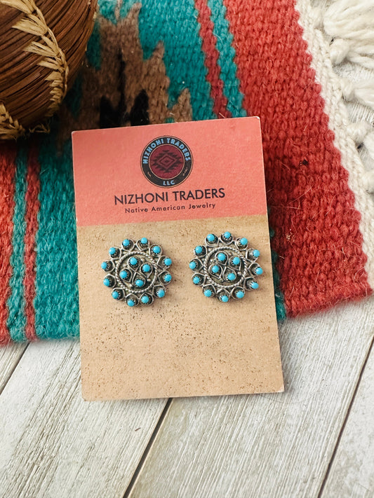 Handcrafted Turquoise & Sterling Silver Petit Point Post Earrings