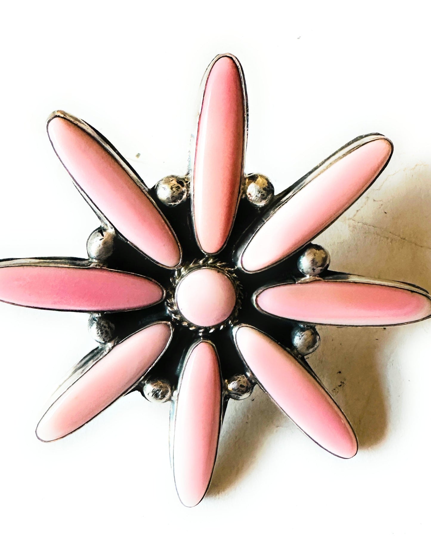 Handcrafted Sterling Silver & Queen Pink Conch Adjustable Flower Ring